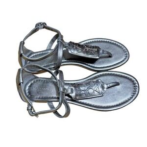 Coach Odele Metallic Thong Sandals Gunmetal Logo Plate NWOT Women's 6.5